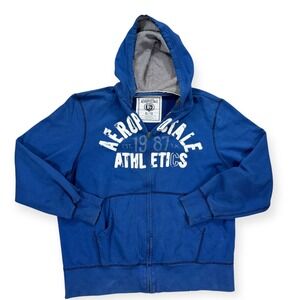 Y2K Aeropostale Hoodie Men's XL‎ Blue Thermal Lined Fleece Full Zip Thrashed
